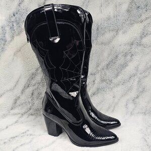 YRU Sz 6 Patent Vegan Leather Spider Stitched Cowboy Boots Space Cowgirl Web